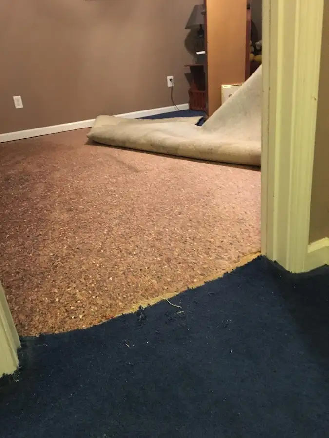 Carpet pad removal revealing water damage during Water Mitigation Services in Charles City